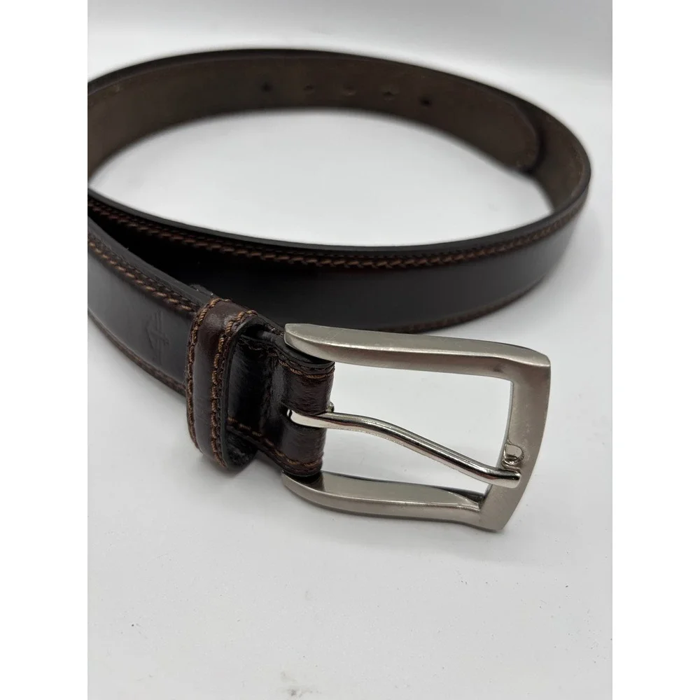 Dockers Men's Brown Leather Belt Size 44 Silver-Tone Buckle Contrast Stitching
